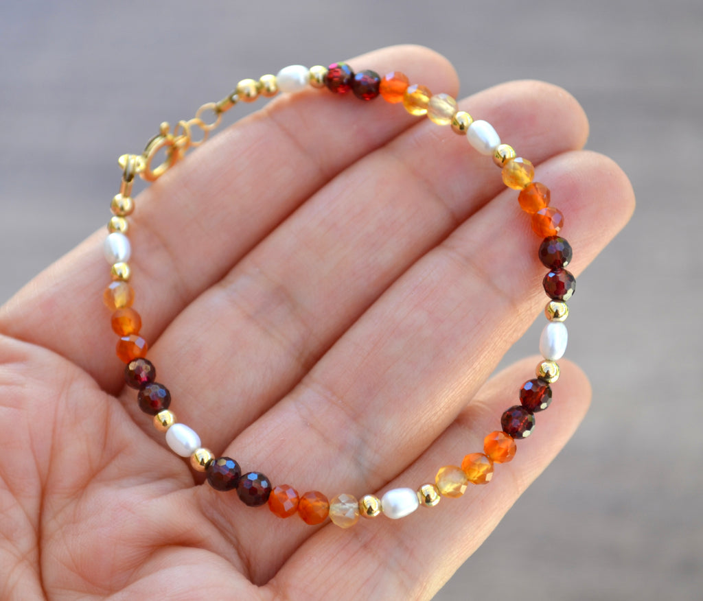 14k Gold Filled Carnelian, Garnet , and Pearls Bracelet