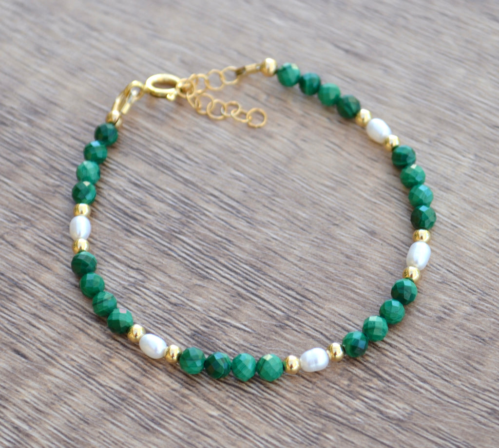 14k Gold Filled Malachite and Freshwater Pearl Bracelet