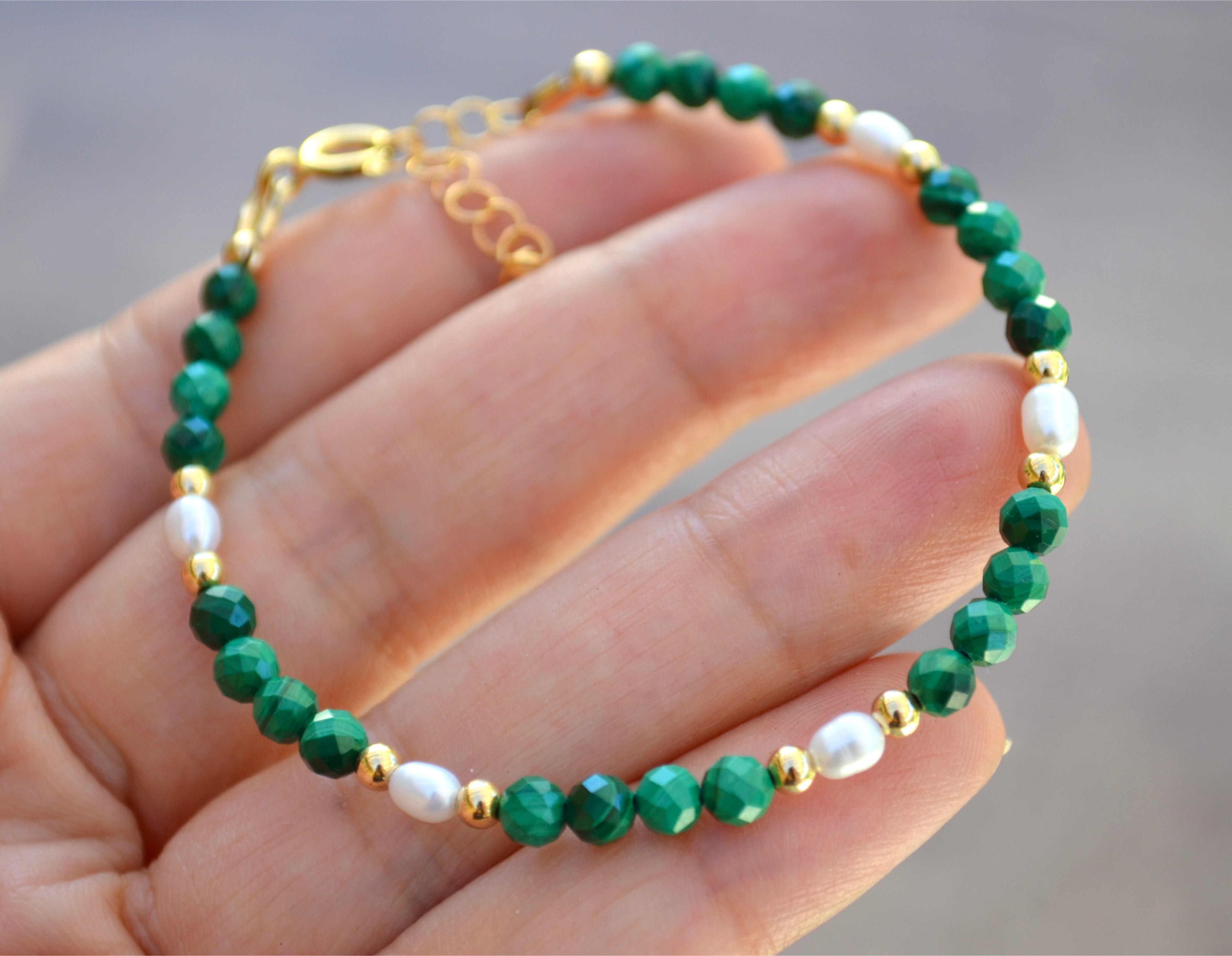 14k Gold Filled Malachite and Freshwater Pearl Bracelet