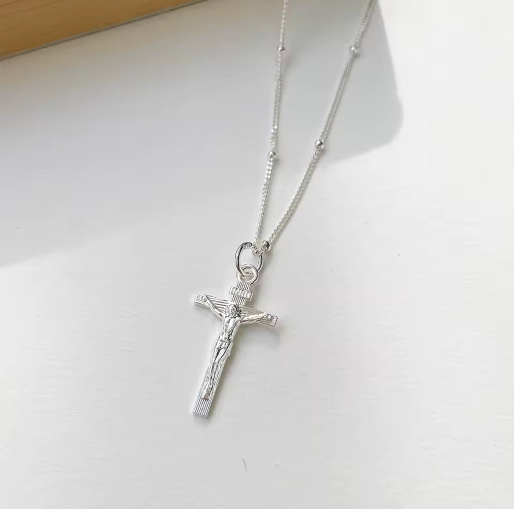 Sterling Silver Jesus Cross Necklace - Dainty Crucifix Pendant
