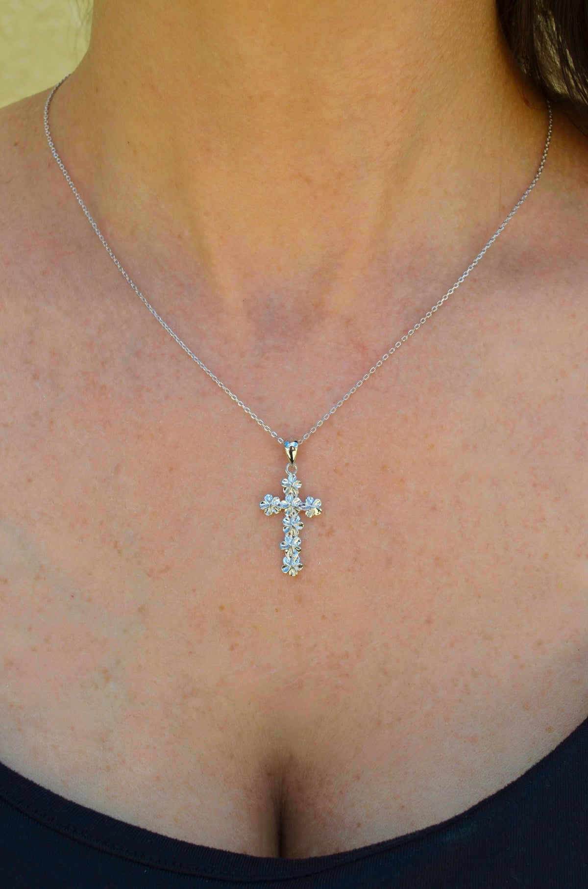 Pure 925 Sterling Silver Floral Cross Necklace - Dainty Cross Necklace - Crucifix Necklace